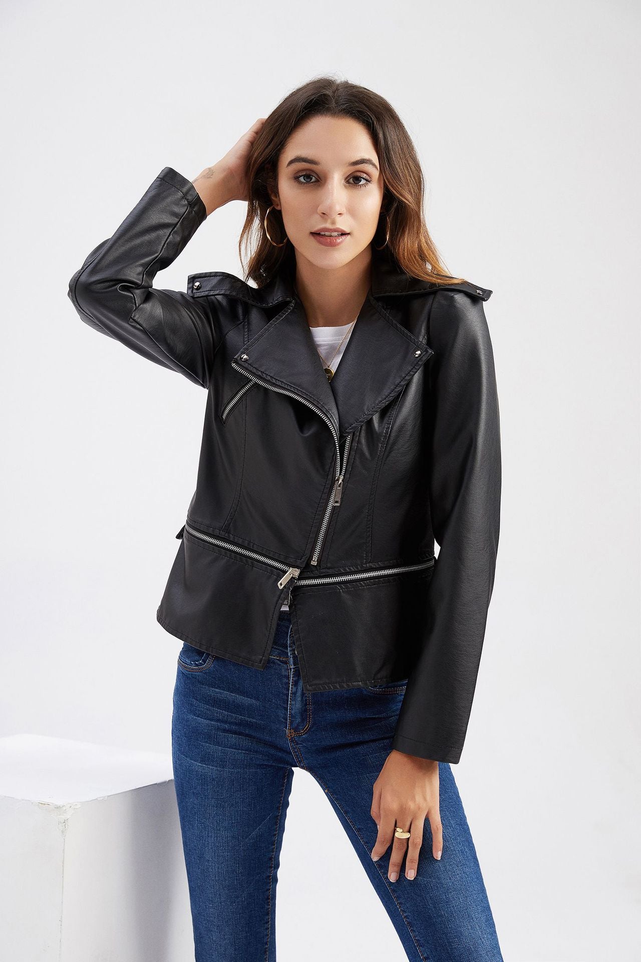 Woman Zipper Detachable Leather Jacket