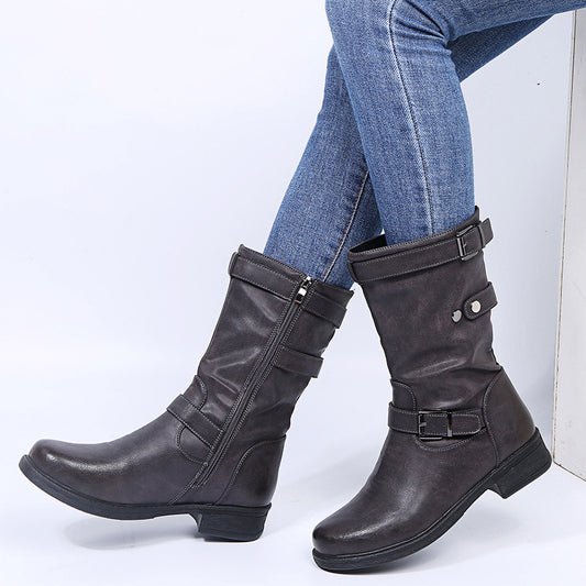 Women's Leather Zip Casual Mid Boots