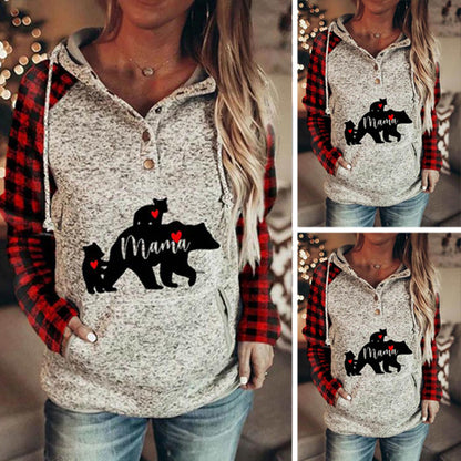 Mama Bear Hoodie Plaid Hooded Sweatshirt Sweater