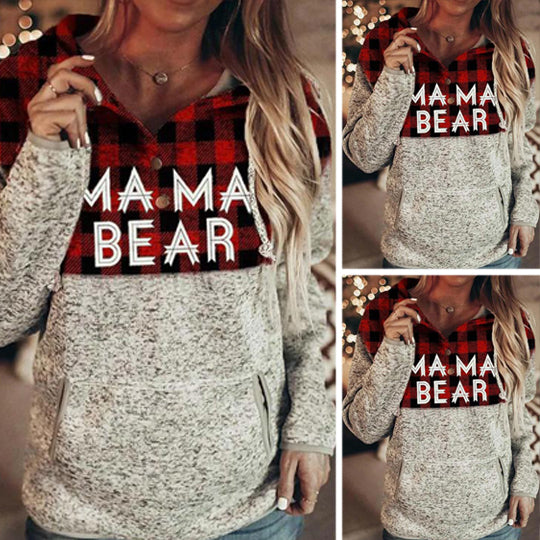 Women's Mama Bear Hoodie Plaid Hooded Sweatshirt Sweater