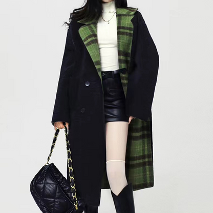 Women's Two Wear Christmas Green Plaid Long Jacket