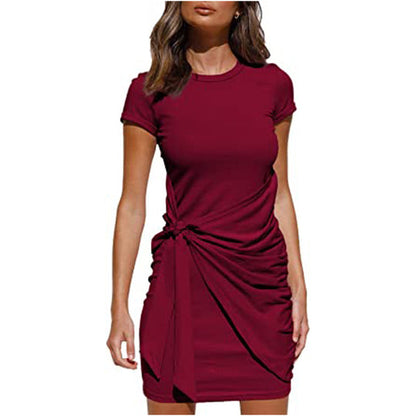Women Solid Color Dress Crew Neck Pleated Bow Dress