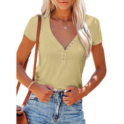 Women's T-shirt Low Cut V-neck Top Single Breasted Ribbed Short Sleeve