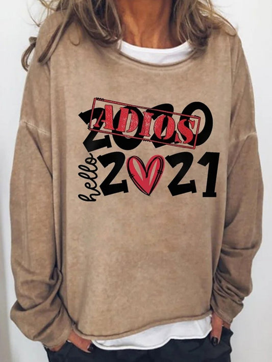 2021 Letter Print Vintage Round Neck T-Shirt Long Sleeve Tops