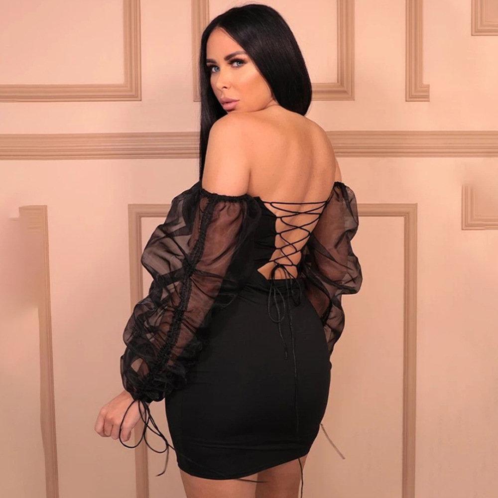 Women's Mesh Puff Sleeve Off-shoulder Bandage Mini Dress