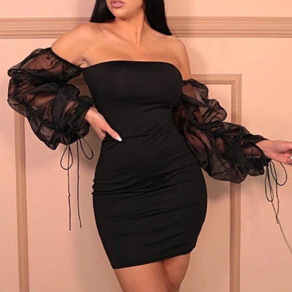 Women's Mesh Puff Sleeve Off-shoulder Bandage Mini Dress