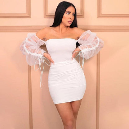 Women's Mesh Puff Sleeve Off-shoulder Bandage Mini Dress