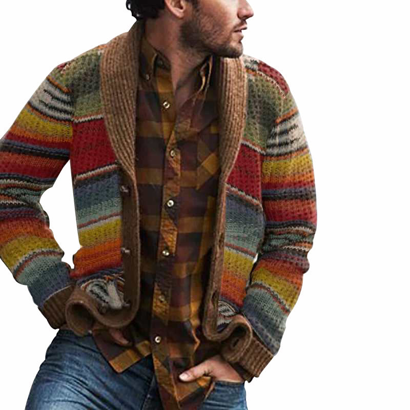 Men's Button Color Block Standard Single-Breasted Sweater