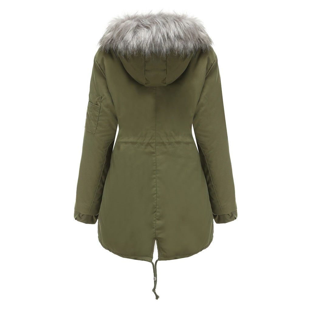 Women's Mid-length Hooded Fur Collar Warm And Fleece Coat