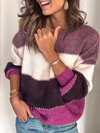 Women's Round Neck Pullover Stripe Knit Sweater