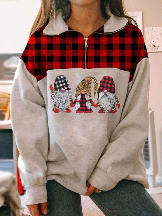 Christmas Gnomes Zipper Plaid Sweater Womens Hoodie Sweatshirt