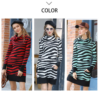 Woman Zebra Pattern Pile Neck Sweater Dress