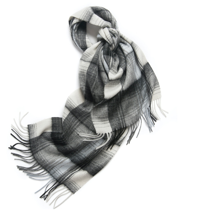 Unisex 100% Cashmere Winter Plaid Fringed Scarf