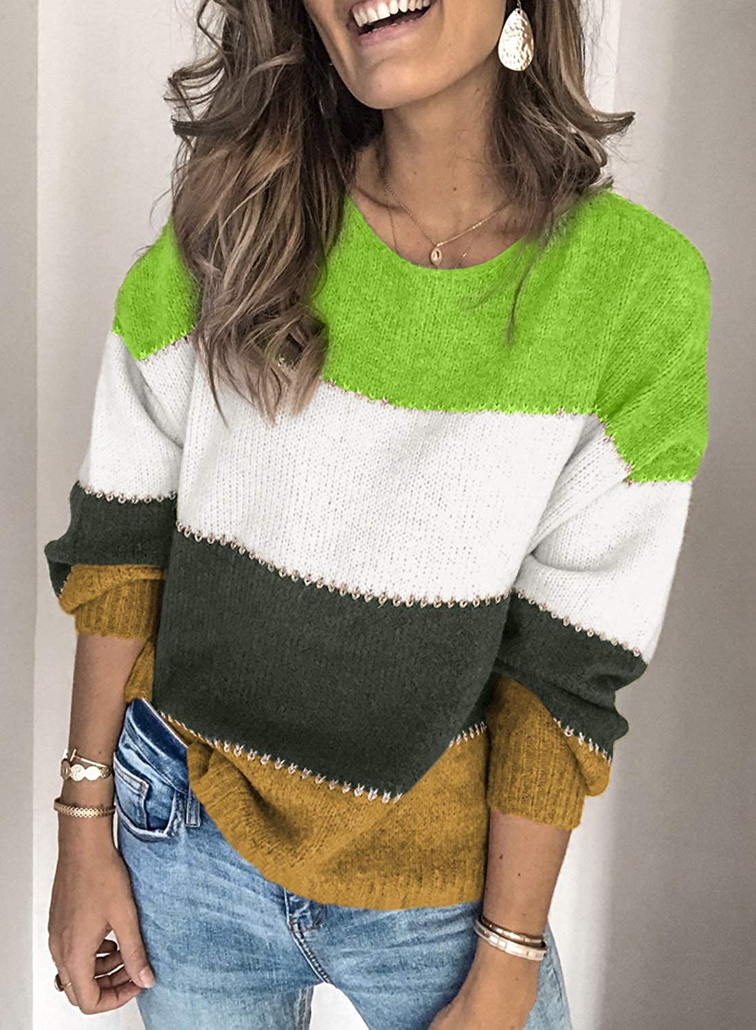 Women's Round Neck Pullover Stripe Knit Sweater