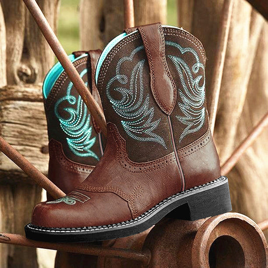 Women's Embroidered Western Denim Mid-Cut Flat Boots