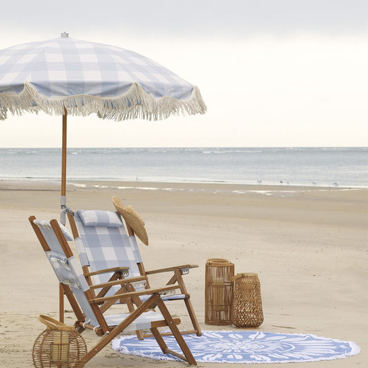 Parasol 40 Inch 8 Bone Blue Checkered Fringed Beach Umbrella