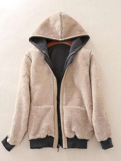Women Coat Lamb Hooded Color Zipper Hoodie Sweater