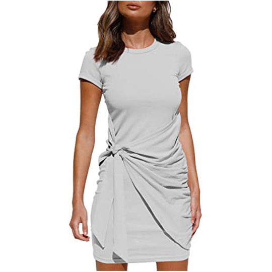 Women Solid Color Dress Crew Neck Pleated Bow Dress