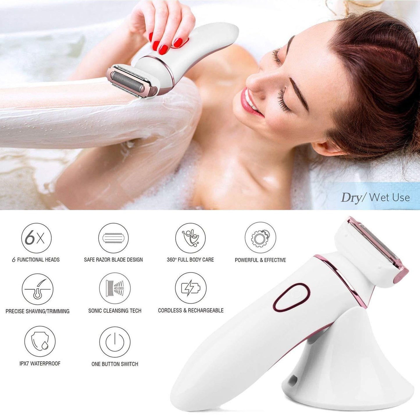 6-In-1 Women's Electric Shaver Waterproof Razor Cordless Bikini Trimmer Set