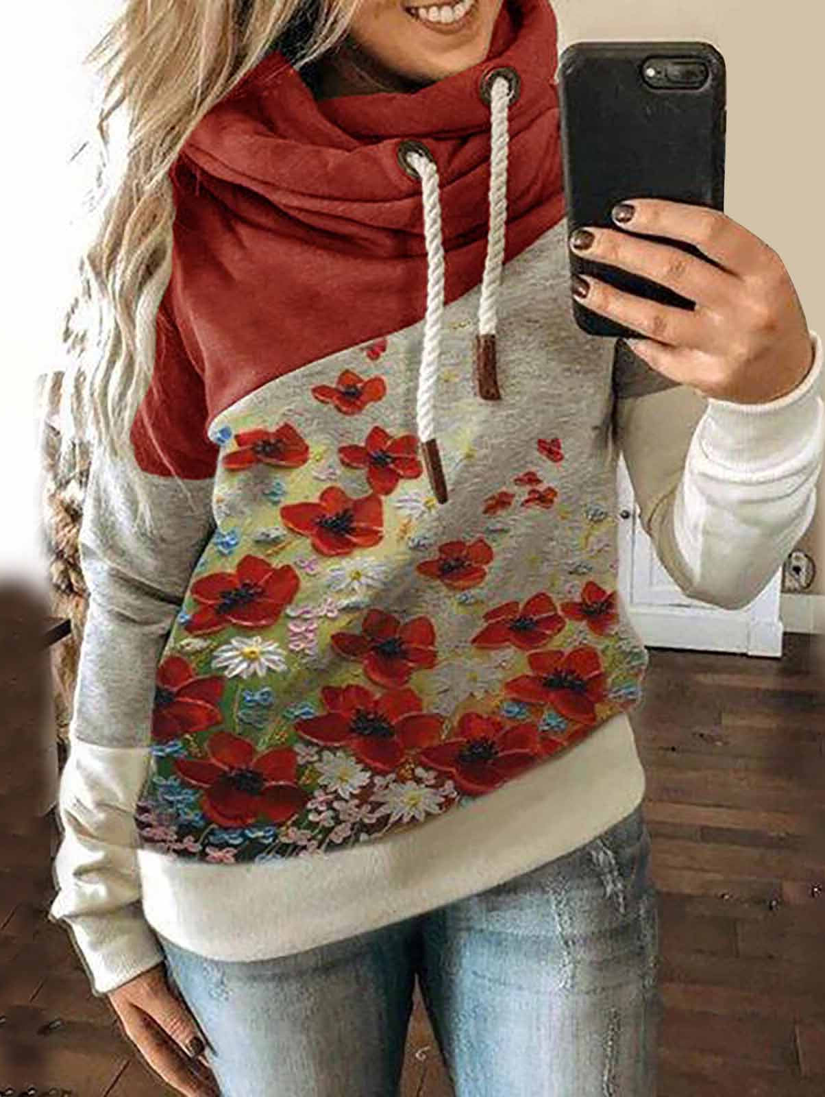 Women's Flower Printed Drawstring Scarf Collar Sweatshirt