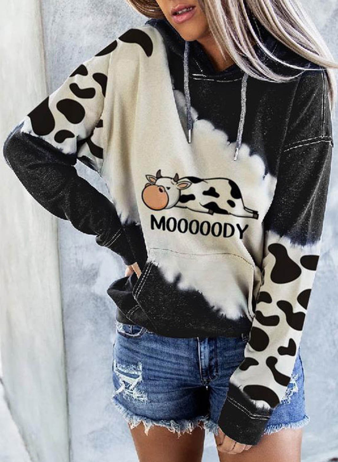 Women's Cow Mooooody Pocket Hoodie Sweater Sweatshirt