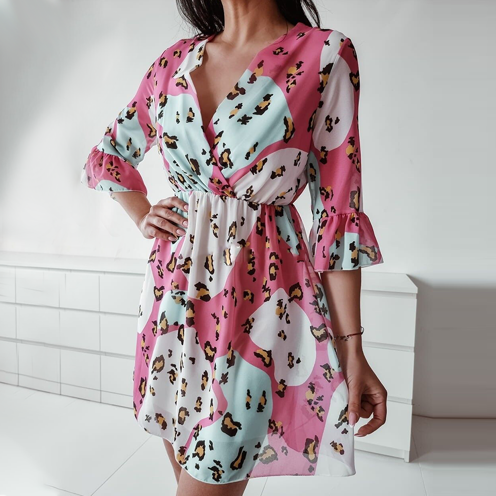 Leopard Print Dress With Stitching Lotus Leaf Sleeves