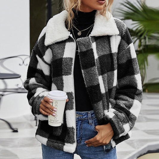 Women's Cardigan Lapel Plush Plaid Jacket