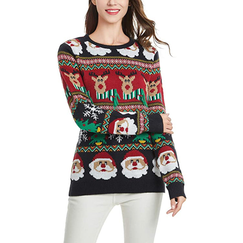 Woman Santa Claus Christmas Tree Embroidery Sweater