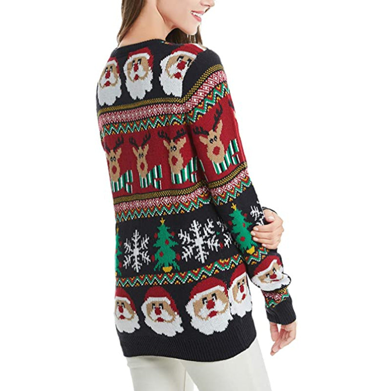 Woman Santa Claus Christmas Tree Embroidery Sweater
