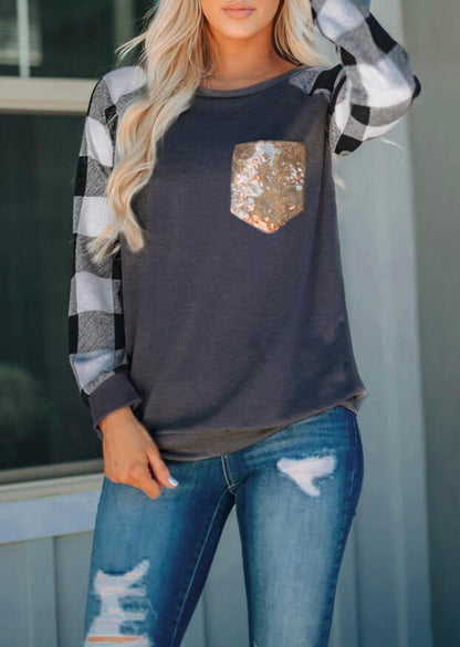 Plaid Splicing Sequined Pocket Long Sleeves T-Shirt