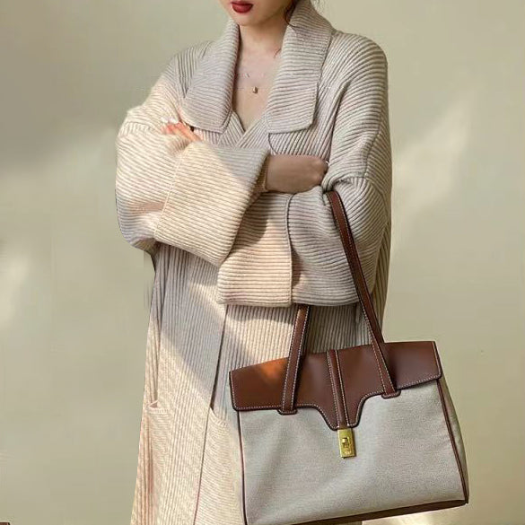 Ladies Lapel Long Loose Knit Cardigan Jacket