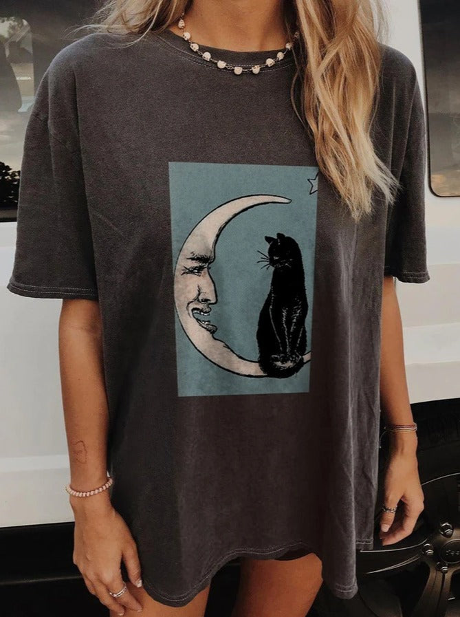 Women's T-Shirt Moon & Cat Grey Tee