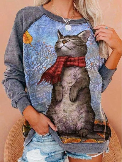 Cat Print Loose Plus Size Women's Shirt Sweatshirt