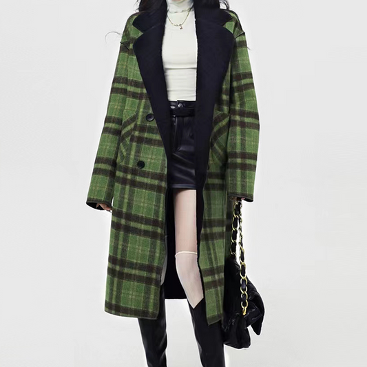 Women's Two Wear Christmas Green Plaid Long Jacket
