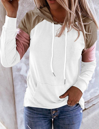 Color Block Lace Up Kangaroo Pocket Sweatshirt