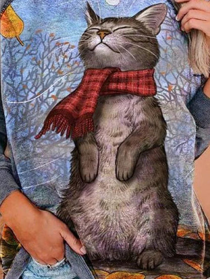 Cat Print Loose Plus Size Women's Shirt Sweatshirt