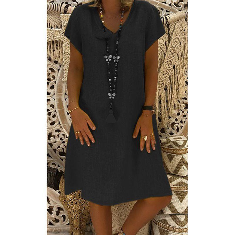 Women's V-neck Solid Casual Dress Loose Dress
