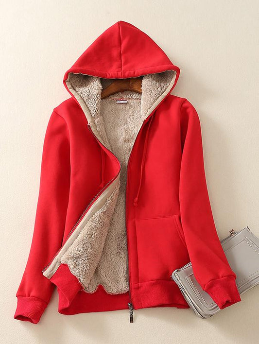 Women Coat Lamb Hooded Color Zipper Hoodie Sweater