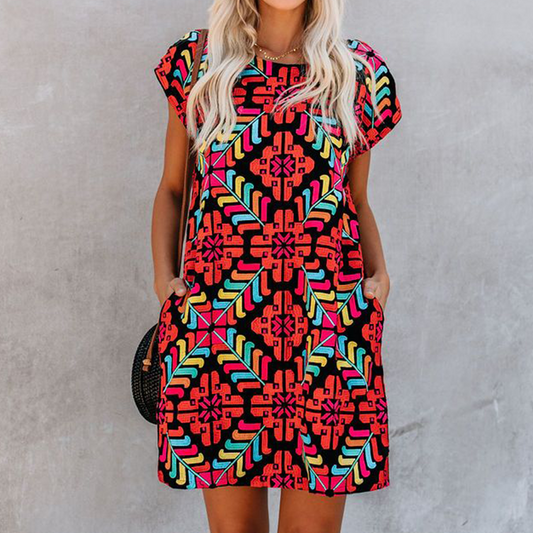 Summer Hot Sale Fashion Short Sleeve Round Neck Printed Holiday Dress