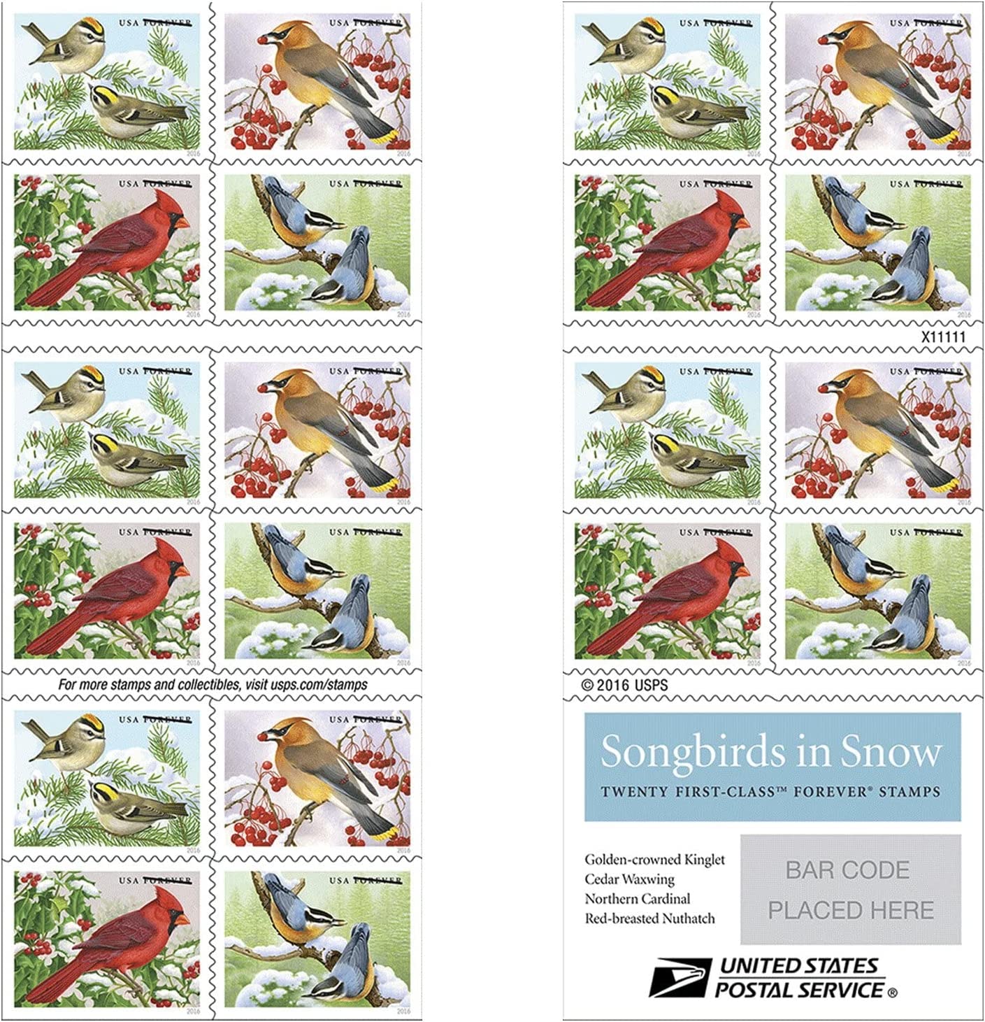 2016 USPS Songbirds in Snow Forever First Class Postage Stamps