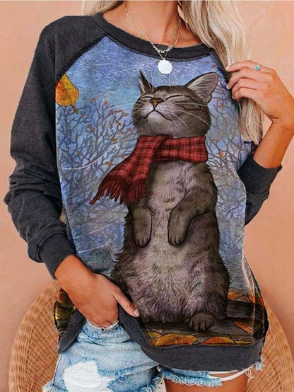 Cat Print Loose Plus Size Women's Shirt Sweatshirt