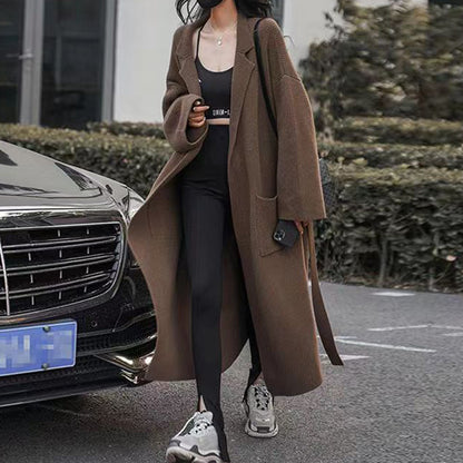 Ladies Lapel Long Loose Knit Cardigan Jacket