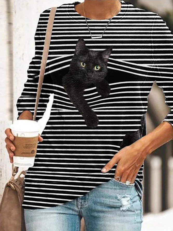 Women's Tee Cute Cat Striped Shirt