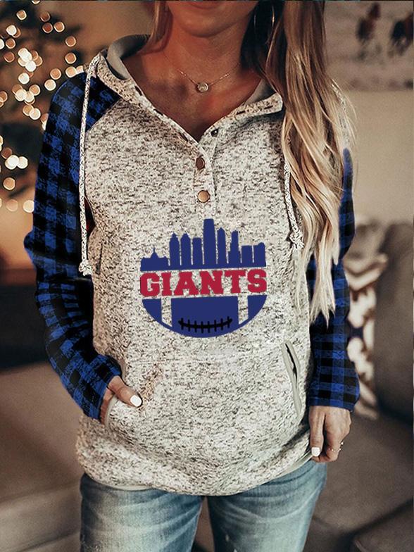 Womens Football Giants Plaids Splicing Hoodie Sweatshirt Sweater