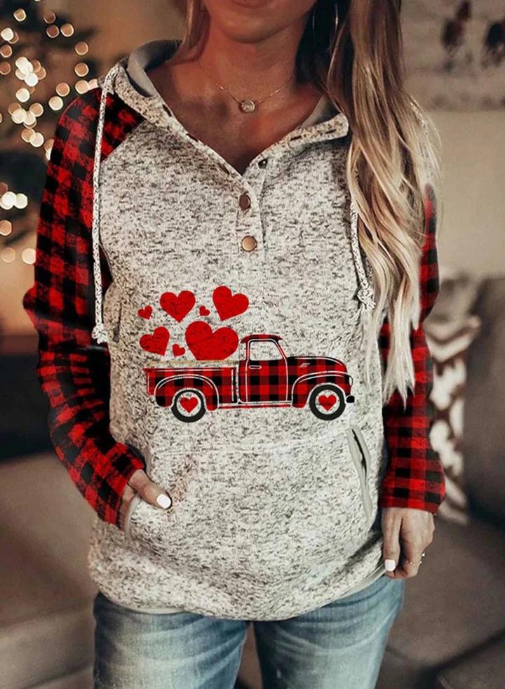 Women's Love Heart Plaid Hooded Sweatshirt