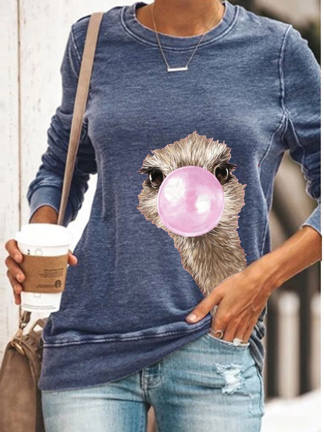 Women Animal Ostrich Print Long Sleeves Casual Tee Shirt