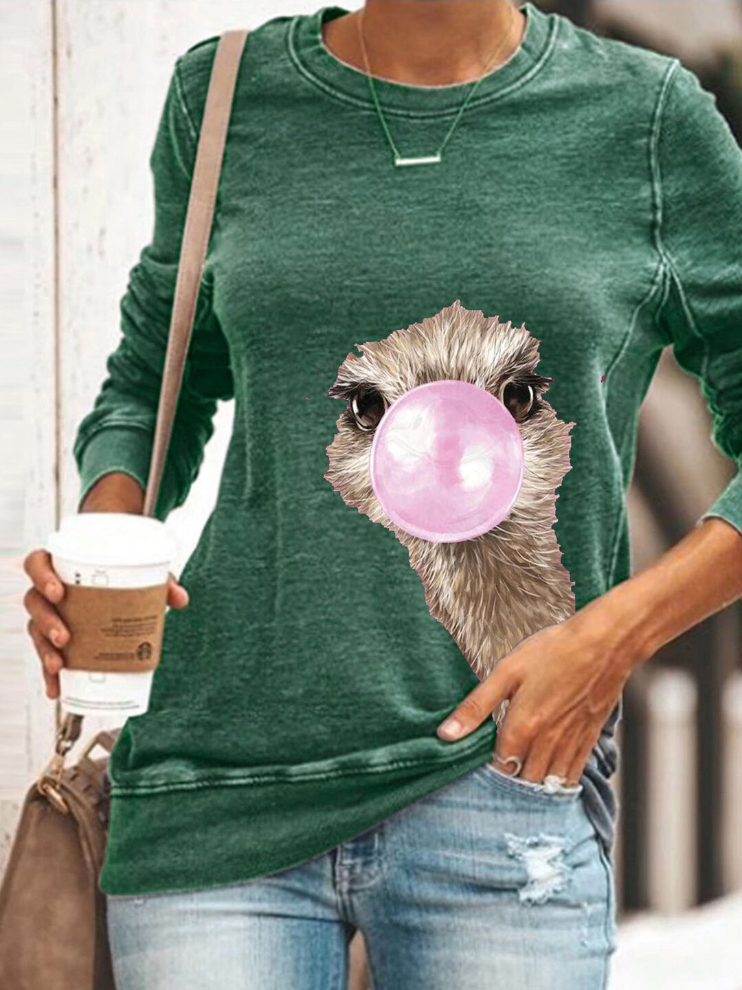 Women Animal Ostrich Print Long Sleeves Casual Tee Shirt