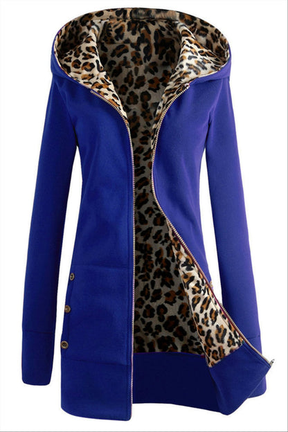 Women Zipper Leopard Print Casual Hoodie Coat Jacket