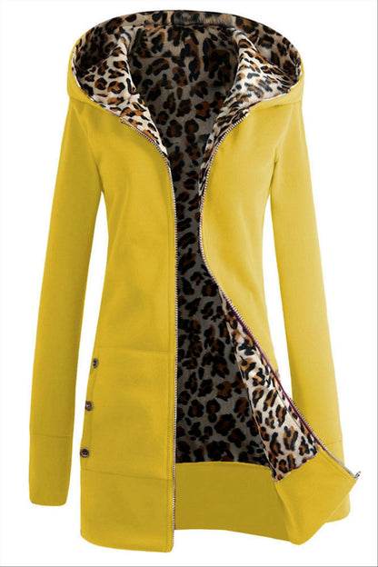 Women Zipper Leopard Print Casual Hoodie Coat Jacket