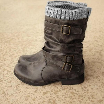 Women's PU Flat Heel Boots Mid-Calf Boots Winter Boots With Buckle Shoes